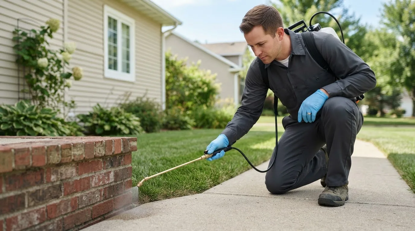 Pest control technician treating a home near Knoxville, IA