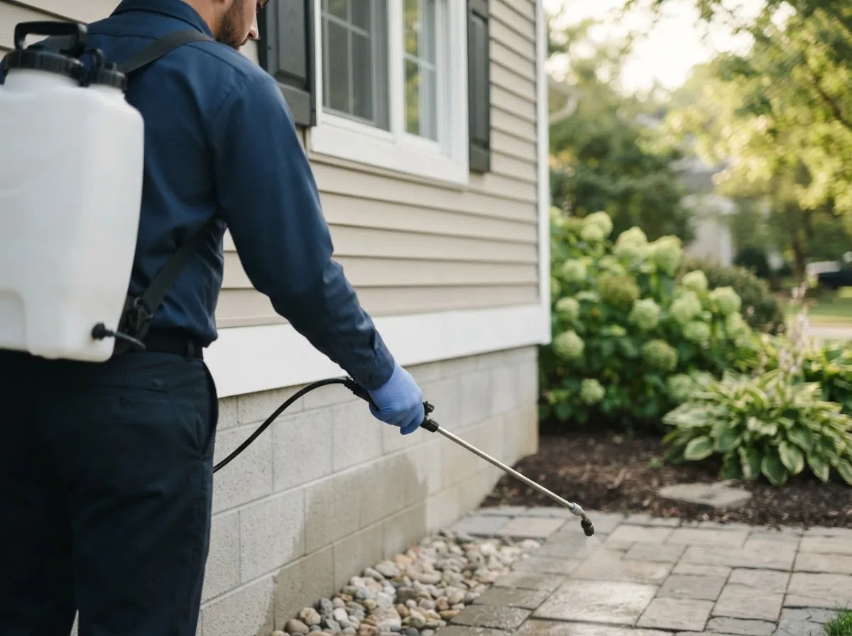 Pest control technician inspecting a home in Knoxville, IA